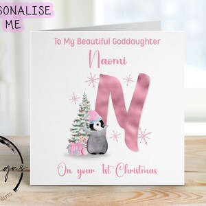 Personalised Christmas Card For Goddaughter First Christmas, Pink Theme Penguin Alphabet with Christmas Tree