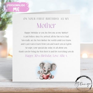 Biglietto di auguri personalizzato per la mamma - Primo compleanno dell'elefante come mia poesia - Nome QUALSIASI FRASE 1° 18° 19° 21° 25° 30° 35° 40° 45° 50°
