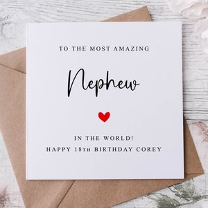 Biglietto di auguri di compleanno personalizzato per nipote con cuore rosso, miglior nipote del mondo, età e nome, biglietto per lui 30°, 40°, 50°, 60°, qualsiasi età