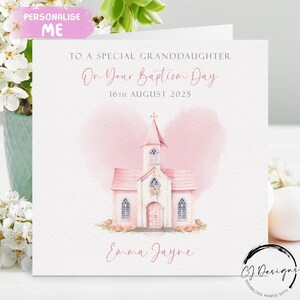 Personalisierte Enkelin Taufe Karte, rosa Kirche mit Name / Datum Grußkarte, Taufe Tag Tag Andenken klein oder groß