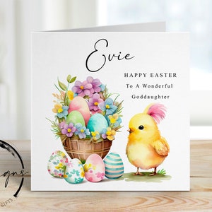 Biglietto di Pasqua personalizzato per figlioccia con nome - Illustrazione di pulcino e uovo di Pasqua - Biglietto per lei