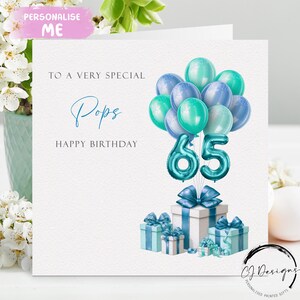 Carte d'anniversaire Pops personnalisée, tout âge - Ballons bleus/verts pour âge 40e 45e 50e 55e 60e 65e 70e 75e 80e 85e 90e 95e 100e