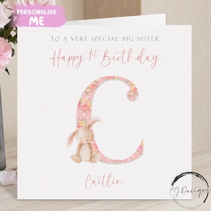 Cartão de aniversário personalizado para irmã mais velha, nome inicial e data, cartão de felicitações do alfabeto do coelho rosa, 1º, 2º, 3º, 4º, 5º, 6º, lembrança
