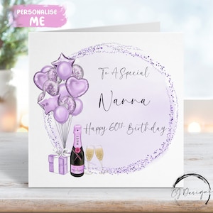 Carte d'anniversaire personnalisée Nanna, ballons à thème violet, tout âge 40e 50e 60e 70e 80e 90e 100e 65e 75e 85e