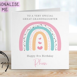 Cartão de aniversário personalizado para bisneta - Cartão de felicitações arco-íris rosa - Cartão para ela Qualquer idade/nome 1º, 2º, 3º, 4º, 5º, 6º, 7º,