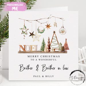 Biglietto di Natale personalizzato per fratello e cognato - Biglietto per coppia maschile con tema rustico e boho con nomi