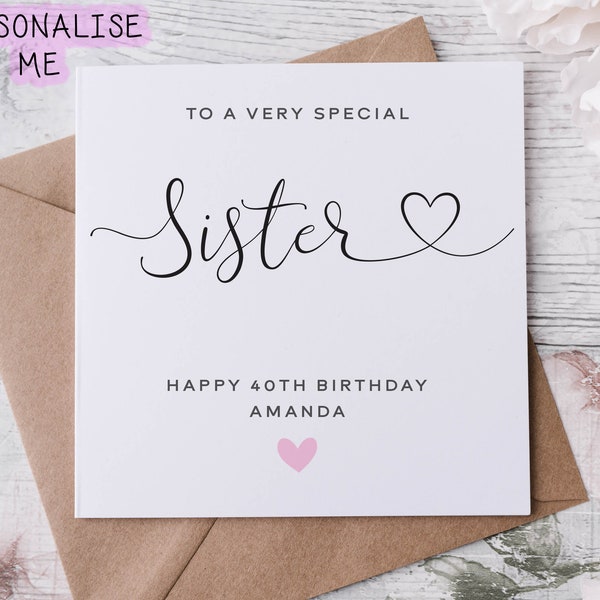 Tarjeta de cumpleaños de hermana personalizada, pariente especial, feliz cumpleaños, tarjeta de edad para él 30, 40, 50, 60, 70, 80, cualquier edad