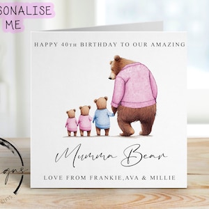 Personalised Mumma Bear Birthday Card from upto 4 Children -  Mummy and Baby Bear Card for Her Medium or Large card Name and Age