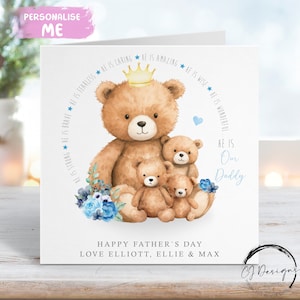 Gepersonaliseerde papa-teddybeer-vaderdagkaart voor maximaal 5 kinderen, papa en babybeer - elke tekst is mogelijk