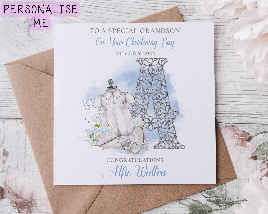 Personalised Grandson Christening Card, Initial Name and Date Greeting