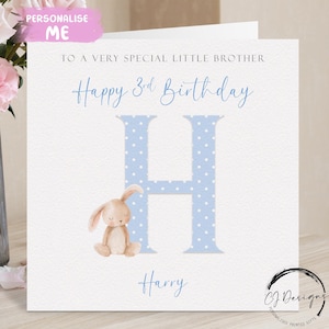 Cartão de aniversário personalizado para irmãozinho, nome inicial e idade, cartão de felicitações de coelho, 1º, 2º, 3º, 4º, 5º, 6º, 7º, 8º, 9º, lembrança para ele