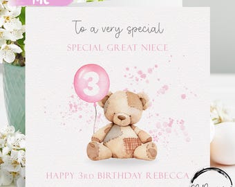 Birthday Card For Great-Niece Personalised Teddy Bear & Pink Balloon