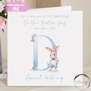 Carte de baptême personnalisée Lapin petit frère, nom initial et carte de voeux date, souvenir du jour du baptême
