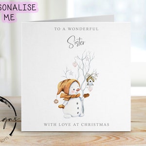Merveilleuse carte de Noël de soeur merveilleuse - mignon bonhomme de neige et arbre avec des cartes minimales de coeurs