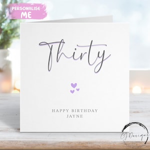 Carte d'anniversaire personnalisée pour le 30e anniversaire - carte de voeux calligraphie imprimée violette et grise pour tous les âges 16 ans 18, 21, 40 ans 50 ans 60 ans, 70 ans, 80 ans, 90 ans