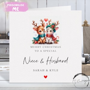 Carte de Noël personnalisée nièce et mari - carte couple renne amoureux et coeur rouge