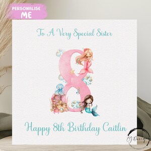 Cartão de aniversário personalizado para irmã, nome de sereia rosa/cartão de felicitações para qualquer idade, 1º 2º 3º 4º 5º 6º 7º 8º 9º 10º lembrança