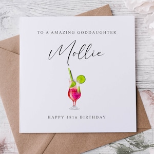 Biglietto di auguri di compleanno personalizzato per la figlioccia, biglietto di auguri per cocktail, biglietto di auguri per l'età per lei 18°, 21°, 30°, 40°, 50°, 60°, 70°, qualsiasi età e nome