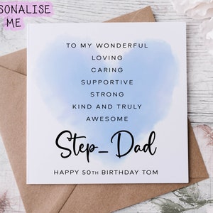 Carte d'anniversaire personnalisée beau-père, carte d'anniversaire bleue avec affirmation du coeur, carte d'âge pour lui 16e, 21e, 30e, 40e, 50e, tout âge et nom