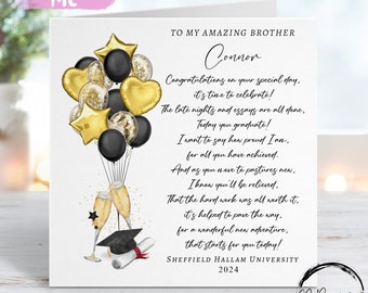 Personalisierte Bruder-Gedicht-Abschluss-Karte - mit Kappe, Schriftrolle, Champagner und Luftballons - Zu meinem / zu unserem Namen - Universität JEDER JAHR Vers