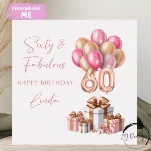 Gepersonaliseerde 60 & fantastische verjaardagskaart elke leeftijd/naam roze en roségouden nummerballonnen 60 30 40 40 50 60 70 70 80 90