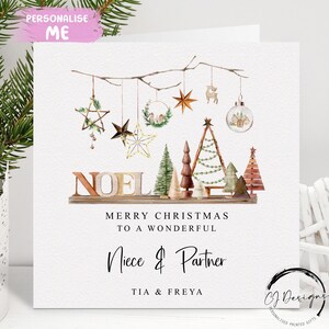 Personalisierte Nichte & Partner Weihnachtskarte - Boho, Rustikale Thema Paarkarte mit Namen