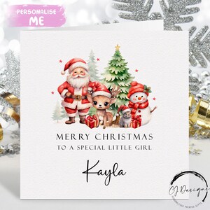 Personalisierte Weihnachtskarte für kleine Mädchen, Weihnachtsmann, Rentier und Schneemann Weihnachtsszene mit Namen