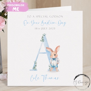 Tarjeta de bautismo personalizada con ahijado de conejo, tarjeta de felicitación con nombre inicial y fecha, recuerdo del día del bautismo