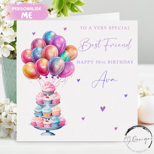 Gepersonaliseerde beste vriend Verjaardagskaart Veelkleurig ontwerp Taarten en ballonnen Elke leeftijd/naam 16e 17e 18e 21e 30e 40e 50e 60e 70e 80e