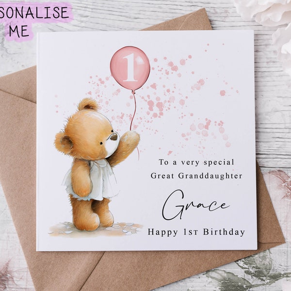 Personalised Great Granddaughter Bear Birthday Card - Cute Bear with Any Age & Name Medium or Large card for her 1st 2nd 3rd 4th 5th 6th