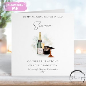 Carte personnalisée de remise des diplômes de belle-soeur - avec bouchon, bouteille de champagne et verre - nom et carte de l'université
