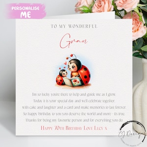 Carte d'anniversaire personnalisée grand-mère avec poème - bébé coccinelle/nom de la coccinelle/âge - N'IMPORTE QUELLE MENTION 45e 50e 55e 60e 65e 70e 75e 80e 85e 90e