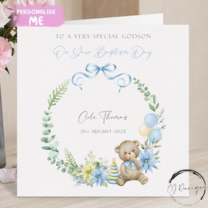 Tarjeta de bautismo personalizada para ahijado, osito de peluche con marco floral azul y verde, tarjeta de felicitación con nombre y fecha, recuerdo del día del bautismo