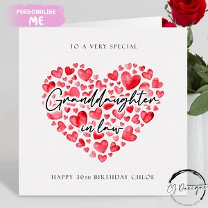 Carte d'anniversaire personnalisée belle-fille, coeurs rouges N'IMPORTE QUELLE TEXTE/ÂGE/ Prénom 18ème 21ème 25ème 30ème 35ème 40ème 45ème 50ème 50ème 55ème 60ème 65ème