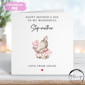 Gepersonaliseerde stiefmoeder Moederdagkaart Stiefmoeder en baby konijntje voor haar, moeder, moeder, moeder, moeder