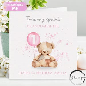 Cartão de aniversário personalizado para neta ursa - ursinho fofo com balão rosa qualquer idade e nome para seu 1º 2º 3º 4º 5º 6º 7º 8º 9º 10º