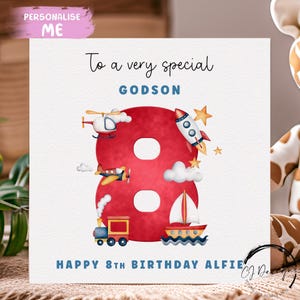 Personalised Godson Birthday Card Red Transport Theme Name & Age- For Little Boy ANY AGE
