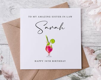 Personalised Sister in law Birthday Card, Cocktail Birthday Card, Age Card For Her 18th, 21st, 30th, 40th,50th, 60th, 70th Any Age and Name