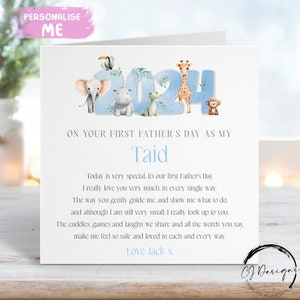 Carte personnalisée Taid pour la fête des pères - Couleur bleue, thème Safari, Première fête des pères, poème comme mon Taid - Prénom, N'IMPORTE QUELLE TEXTE, 1ère fête des pères