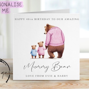 Gepersonaliseerde mummiebeer-verjaardagskaart voor maximaal 4 kinderen - mama en babybeerkaart voor haar middelgrote of grote kaart Naam en leeftijd