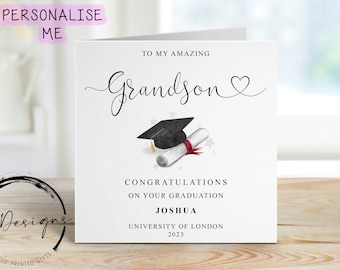 Personalised Grandson Graduation Card- with Cap & Scroll- Name and University Medium or Large card Amazing Grandson