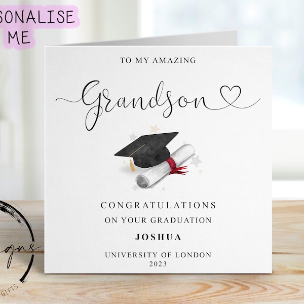 Personalised Grandson Graduation Card- with Cap & Scroll- Name and University Medium or Large card Amazing Grandson