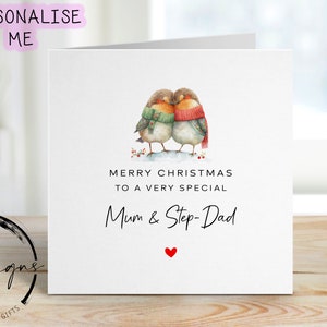 Carte de Noël pour maman et beau-père - Carte pour couple affectueux Robin et coeur rouge