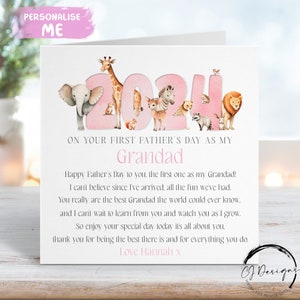 Carte personnalisée fête des pères grand-père - couleur rose arche de Noé thème animal première fête des pères comme mon poème - nom n'importe quel libellé 1ère fête des pères