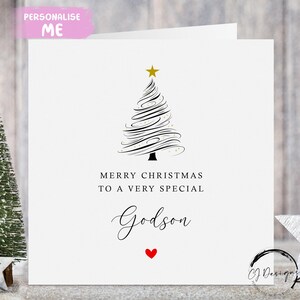 Cartão de Natal Godson Line Art Cartão de felicitações minimalista de árvore de Natal