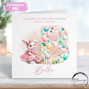 Cartão de Páscoa personalizado para neta com inicial e nome - Coelhinho da Páscoa de menina com ilustração de cesta - Cartão para ela