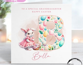 Tarjeta de Pascua personalizada para nieta con inicial y nombre - Conejito de Pascua para niña con ilustración de cesta - Tarjeta para ella