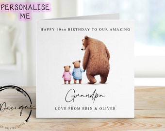 Personalised Grandpa Bear Birthday Card -  Grandad and Little Bear upto 4 children Card for Him Medium or Large card Name and Age upto 4