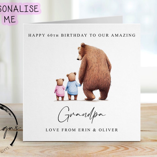 Personalised Grandpa Bear Birthday Card -  Grandad and Little Bear upto 4 children Card for Him Medium or Large card Name and Age upto 4