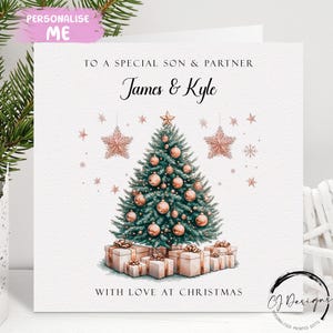 Carte de Noël personnalisée pour fils et partenaire, couleur or rose, arbre à thème et cadeaux, carte pour couple